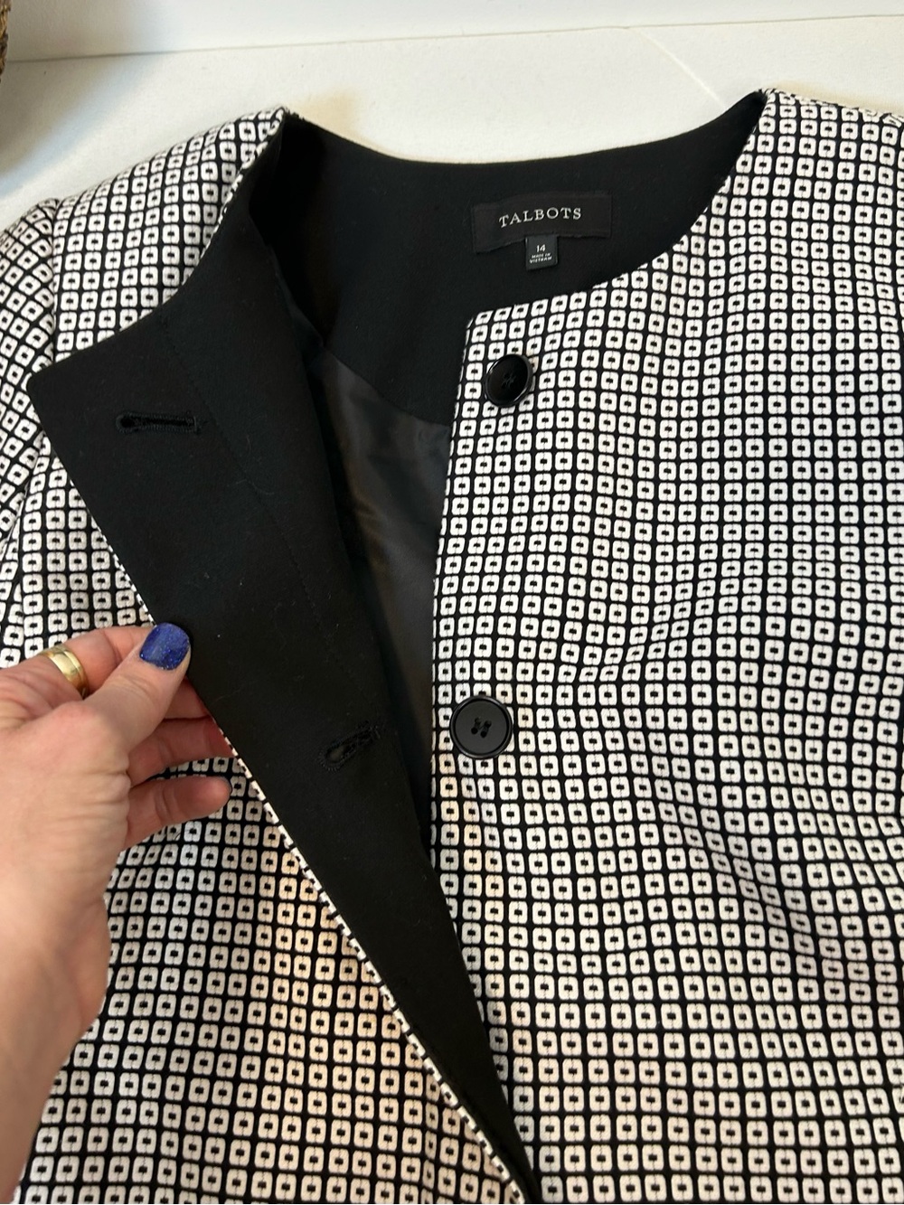 Talbots Ivory Black Polyester Cotton Blend Blazer Jacket Button Down Women’s 14